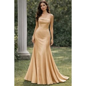 NEW Sample TS Couture Size 14 $340 Gold Satin Strapless Corset Back Evening Gown
